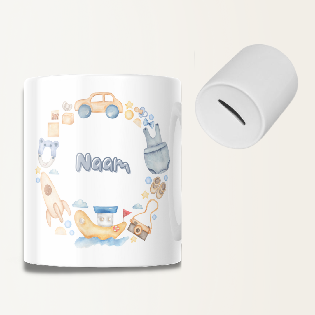 Spaarpot met naam - Baby jongen - Blauw