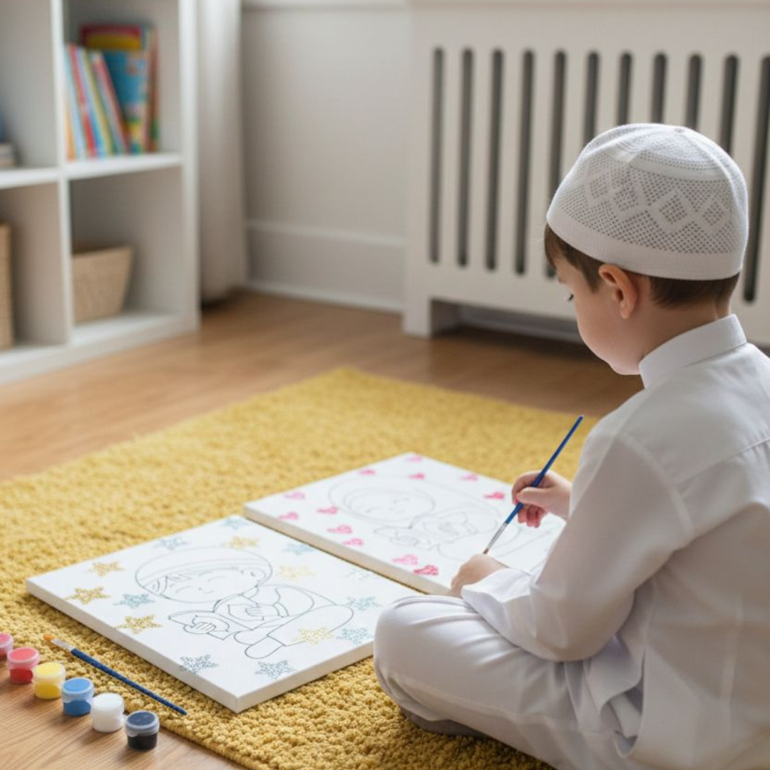 Islamitische canvas schilder set - Moslim jongen met boek - Sterretjes