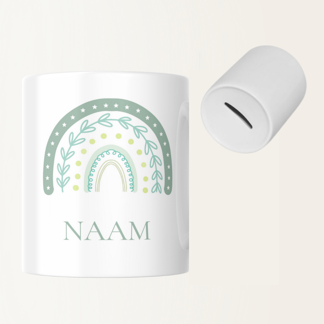 Spaarpot met naam - Regenboog - Mintgroen