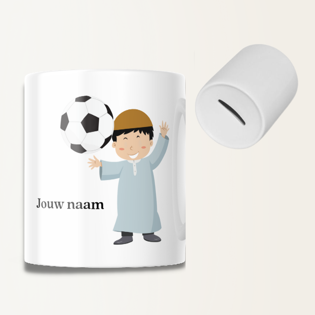 Spaarpot met naam - Moslim Jongen met bal - gepersonaliseerd
