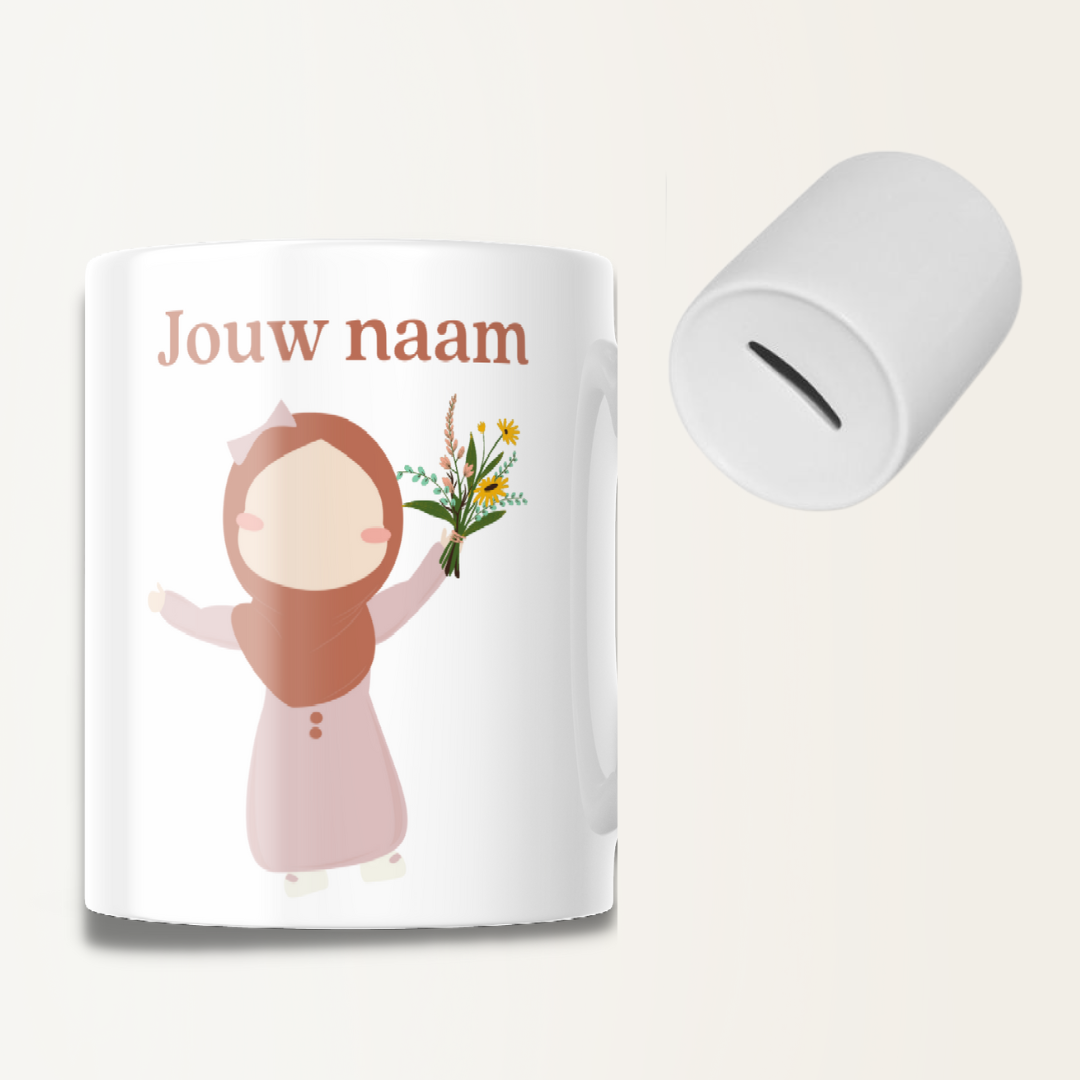 Spaarpot met naam - Hijabi -  Meisje met bloem - gepersonaliseerd