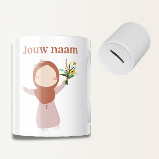 Spaarpot met naam - Hijabi -  Meisje met bloem - gepersonaliseerd