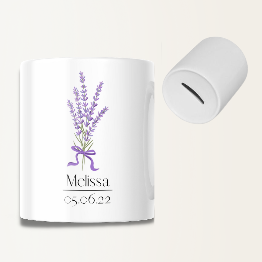 Spaarpot met naam en datum - Lavendel