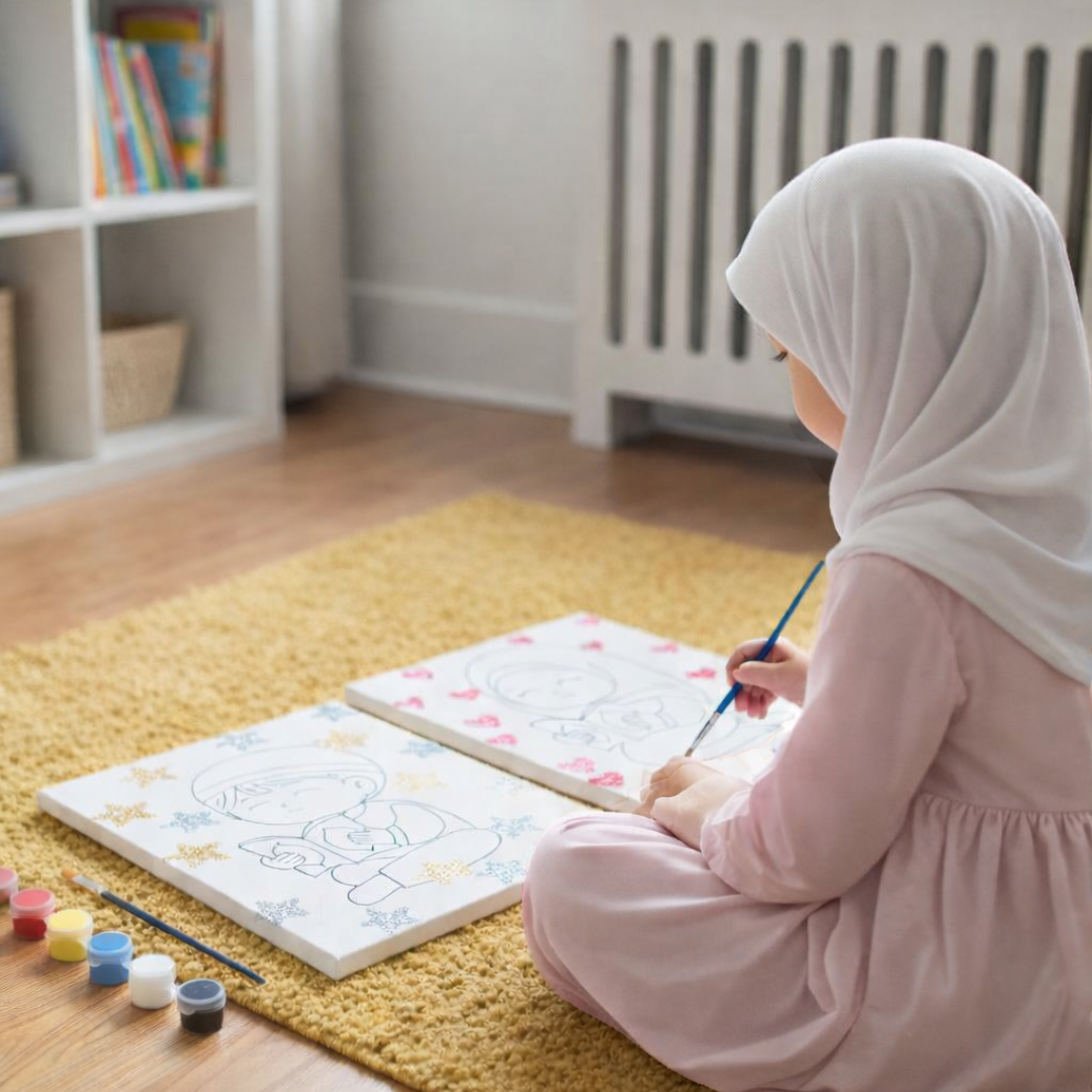 Islamitische canvas schilder set - Hijabi meisje met boek - Hartjes