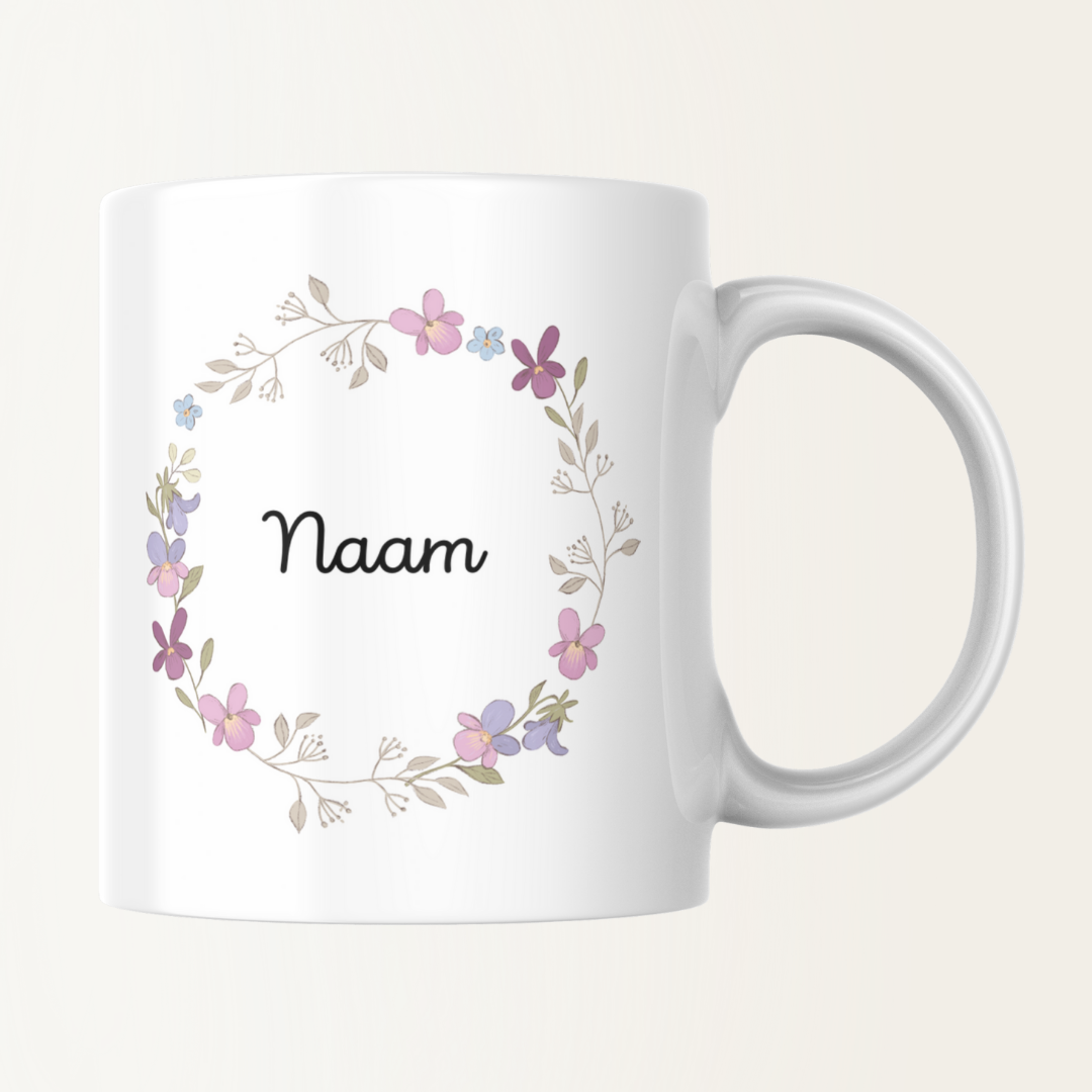Mok met naam - Bloemetjes kader
