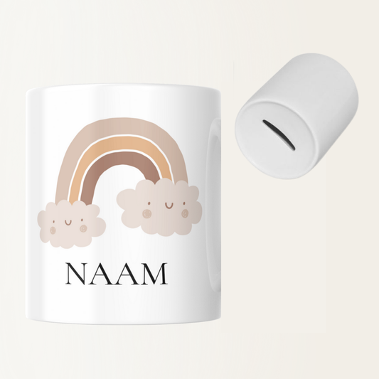 Spaarpot met naam - Regenboog met wolkjes