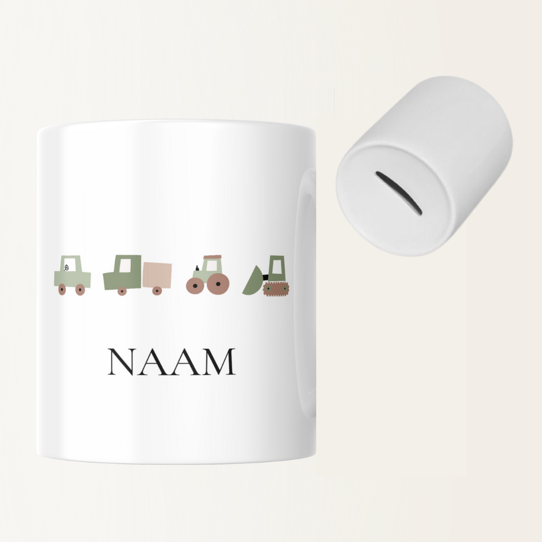 Spaarpot met naam - Baby - Geboorte - Voertuigen