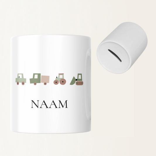 Spaarpot met naam - Baby - Geboorte - Voertuigen