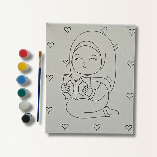 Islamitische canvas schilder set - Hijabi meisje met boek - Hartjes