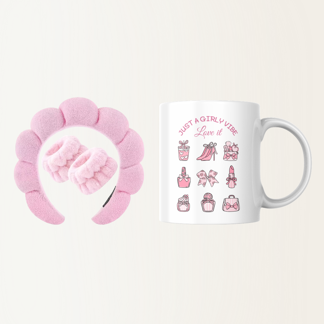 Set - Mok met fluffy haarband en polsbandjes - Girly vibe - Skincare