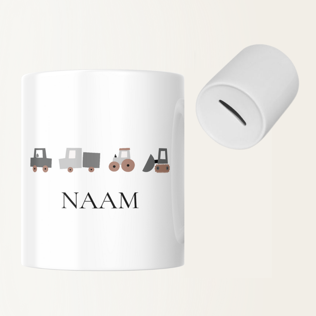 Spaarpot met naam - Baby - Geboorte - Voertuigen