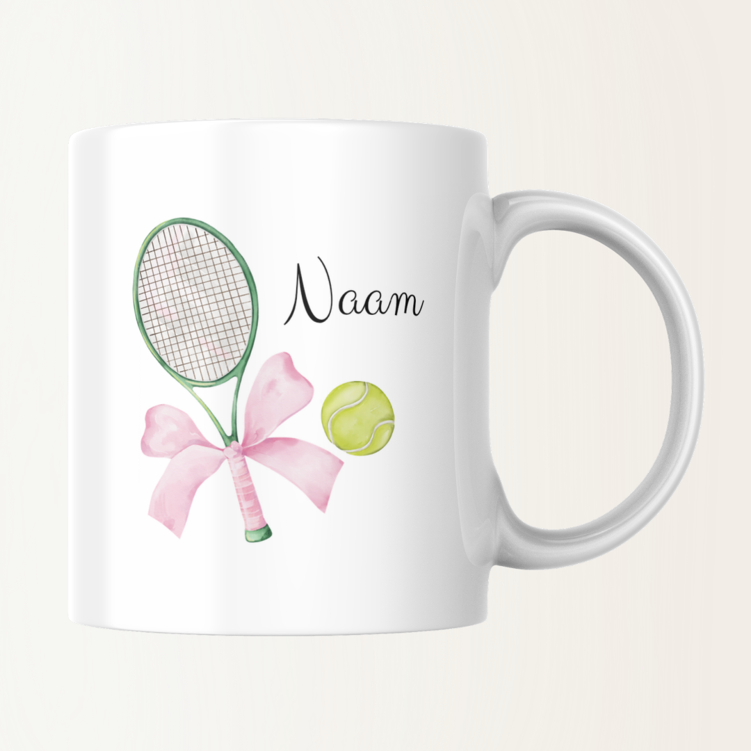 Mok met naam - Tennisracket met strik en tennisbal