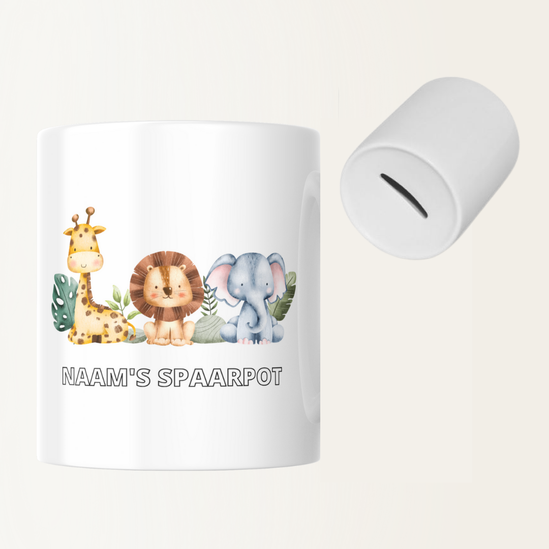Spaarpot met naam - Giraffe - Leeuw - Olifant - Geboorte - Baby