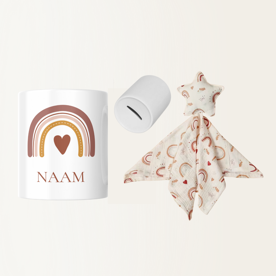 Set - Spaarpot met naam - Hydrofiele knuffeldoekje met ster - Regenboog