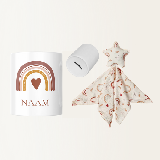 Set - Spaarpot met naam - Hydrofiele knuffeldoekje met ster - Regenboog