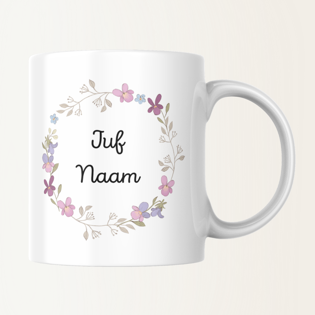 Mok met naam - Juf - Bloemen kader